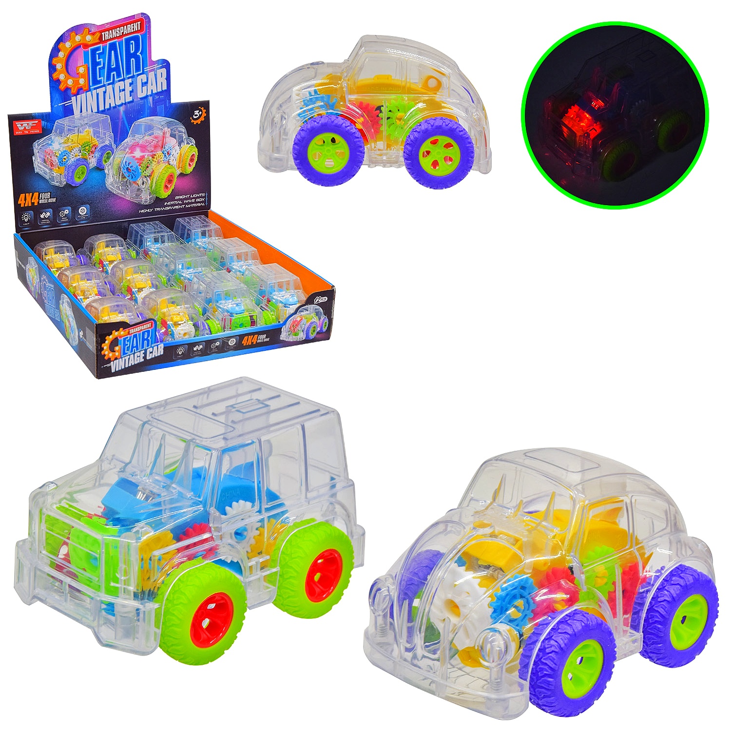 Машина - шестерні 76789P , ЦІНА ЗА 12 ШТУК , прозорий корпус , світло при ударі , інерція , мікс , дісплей