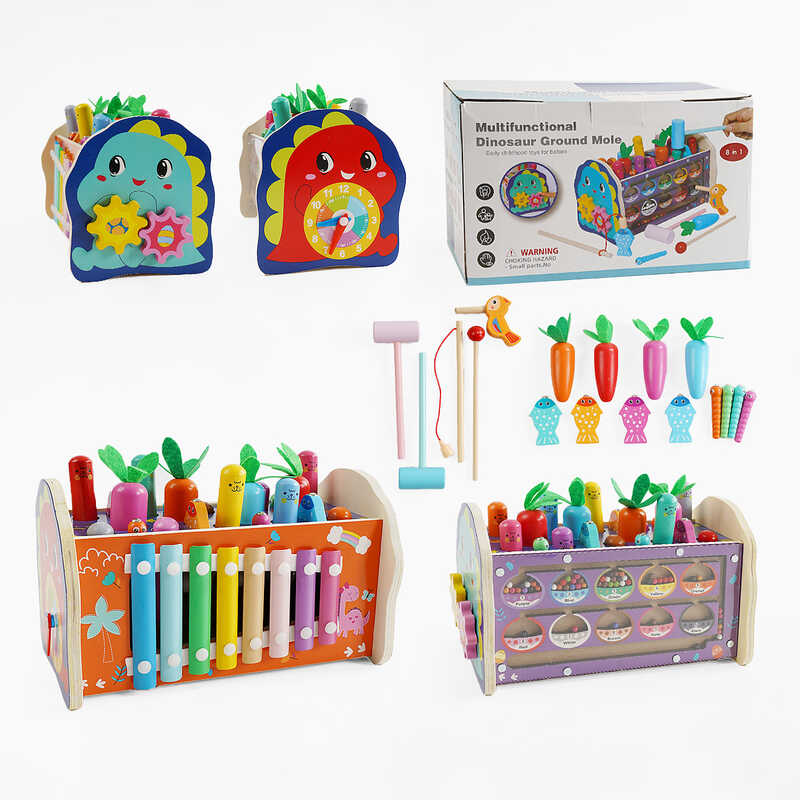 Ігровий центр C 65677 (18) дерев’яний, магнітна риболовля, магнітне сортування кульок, ксилофон, стукалка,  гра “Грядка з морквинками”, рухомі шестерні, в коробці