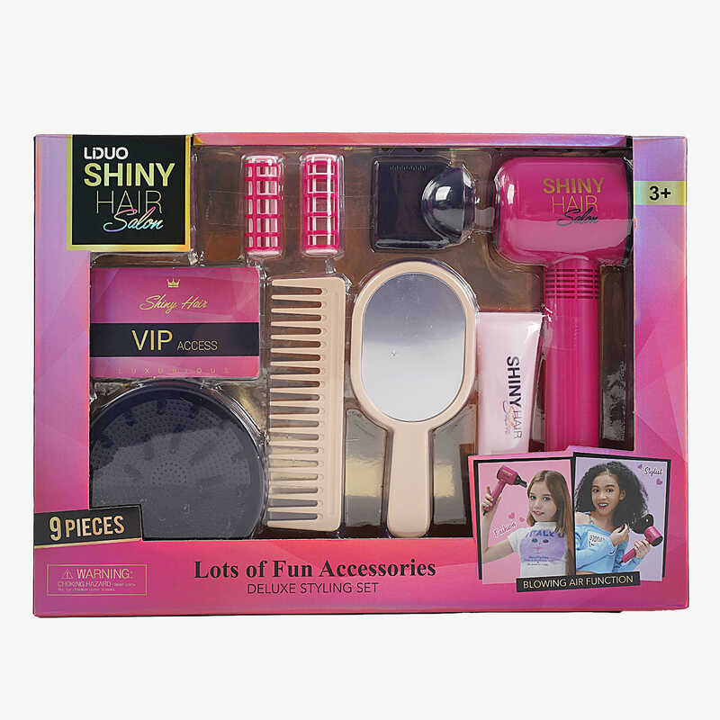 Набір перукаря 626002 (24) 9 аксесуарів, фен видуває повітря, 2 насадки, 2 бігуді, гребінець, люстерко у коробці
