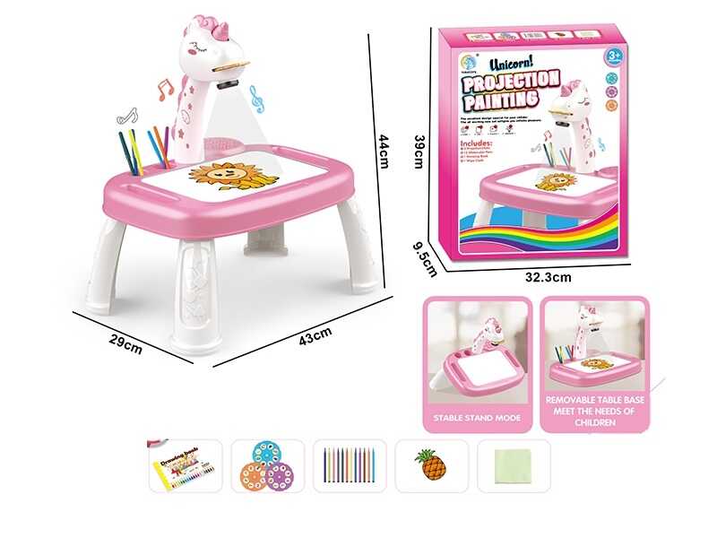 Столик з проєктором YM 2219 (24/2) “Єдиноріг”, підсвічування, мелодія, проєктор, 3 диски з картинками, фломастери 12 штук, альбом для малювання, в коробці