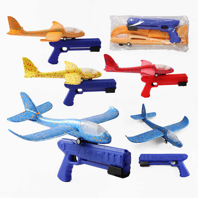 Пістолет із запускачем C 70878 (120) 4 кольори, літак, на колесах, пістолет, пусковий механізм, механічний принцип роботи, підсвічування літака, в пакеті ВИДАЄТЬСЯ ТІЛЬКИ МІКС ВИДІВ