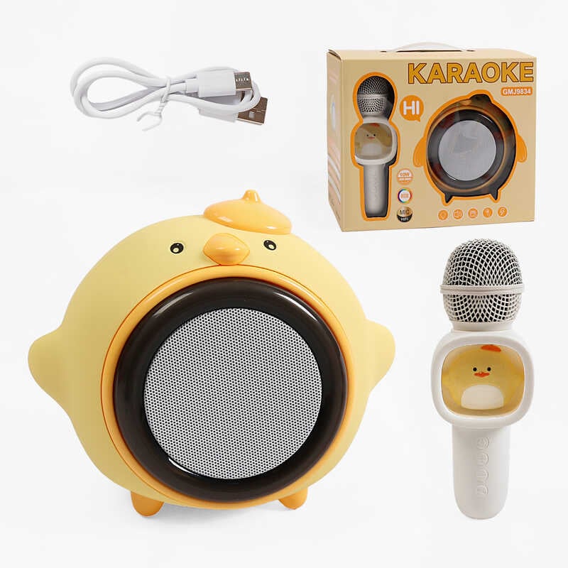 Караоке GMJ 9834 (24) 1 мікрофон з підсвічуванням, режими підсвічування, вбудований акумулятор, Bluetooth, слот для TF Card, USB-type-c кабель, USB-роз’єм, AUX-роз’єм, колонка з підсвічуванням, зміна голосу, в коробці