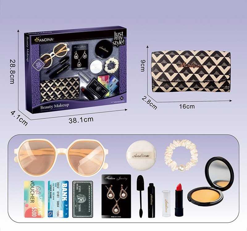 Набір аксесуарів 626-4 (60) гаманець, окуляри, прикраси, імітація косметики, муляжі карток, резинка, в коробці