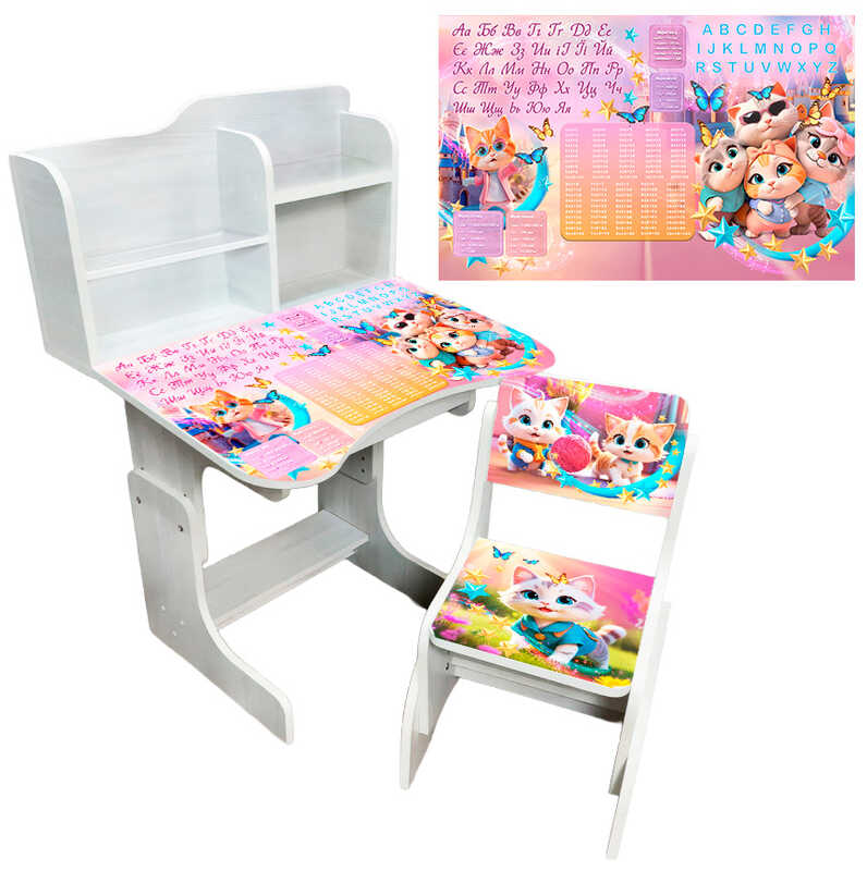 гр Парта шкільна "Котики" ПШ 058 (1) ЛДСП, біле дерево, 69*45 см, + 1 стілець, з пеналом