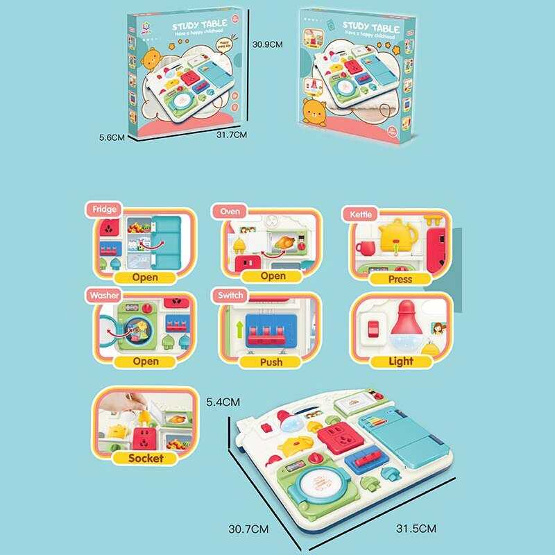 Бізіборд 25889 E (36) “Кухня”, підсвічування, звуки. фрази англійською, рухомі елементи, перемикачі, розетки, в коробці