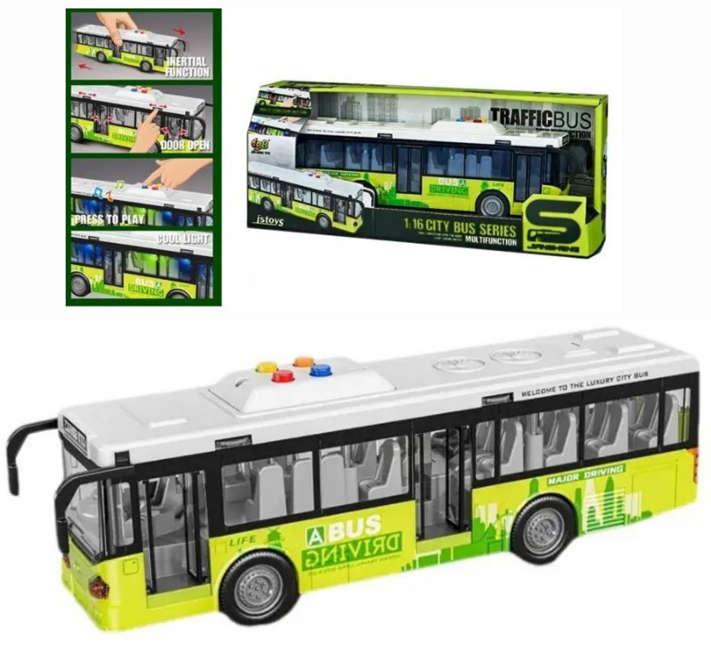 Автобус JS 120 , звук, підсвітка, механічне відкриття дверей, масштаб 1:16, гумові колеса, інерція, в коробці