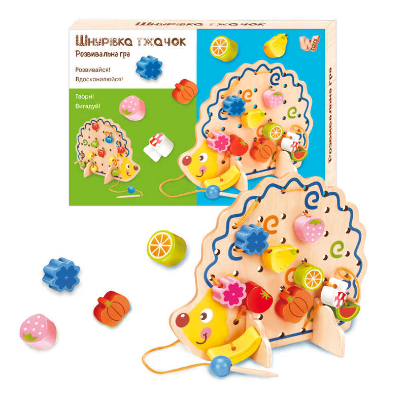 Шнурівка 25916 (18) "WToys", "Їжачок", дерев'яна, кольорові намистини, шнурок, в коробці