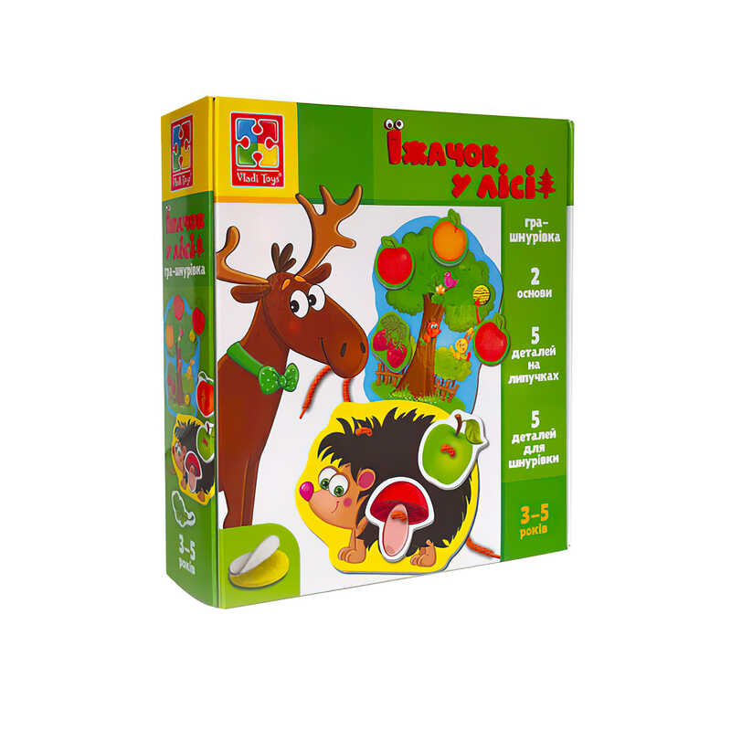 гр Міні-розвивашка з липучками "Їжачок у лісі" VT1804-45 укр (12) "Vladi Toys" гра-шнурівка, 2 ігрові панелі, 10 елементів