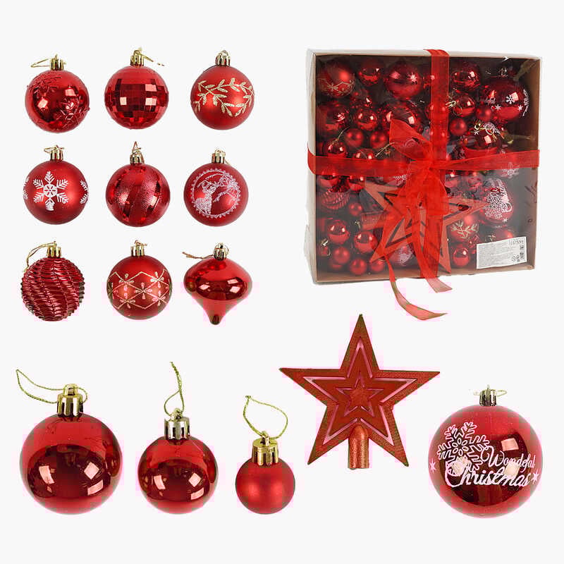 Новорічні прикраси C 67559 (16) 85 штук, кульки, зірка на верхівку, подарункове пакування, в коробці