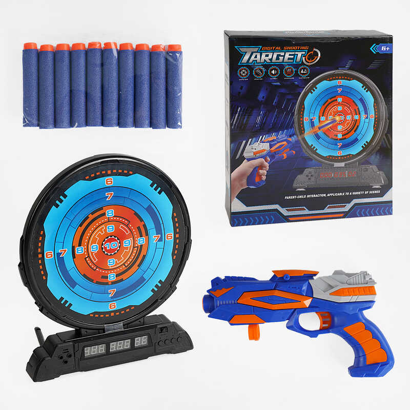 Пістолет з мішенню 3695 (8) підсвічування, озвучування англійською, 3 режими, 10 м'яких патронів, механічний пістолет, в коробці