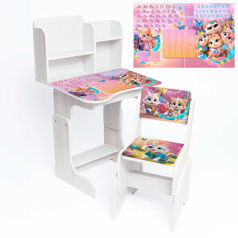 гр Парта шкільна "Котики" ПШ 058 (1) ЛДСП, біле дерево, 69*45 см, + 1 стілець, з пеналом