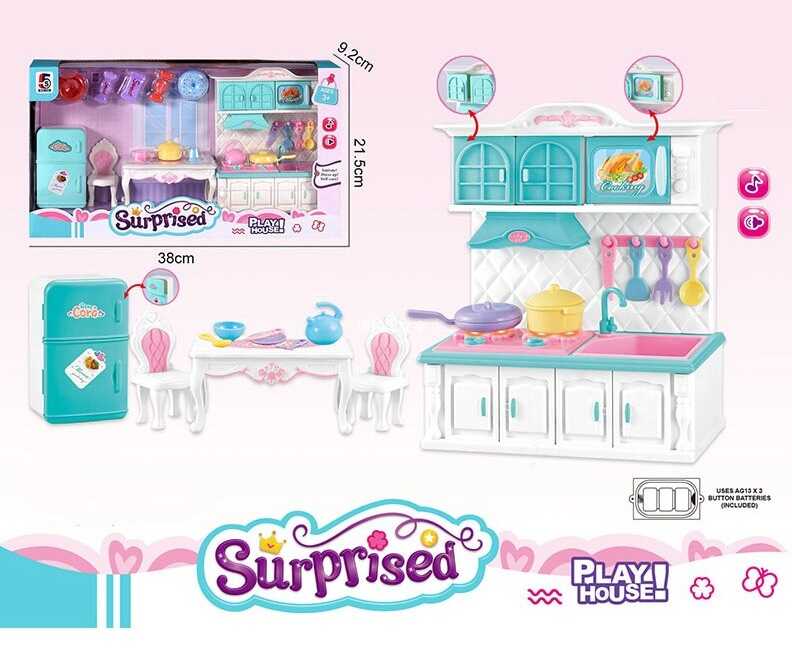 Набір меблів 5 S 632 (36/2) "Кухня", підсвічування плити, звуки приготування, раковина, холодильник, витяжка, сковорідка, солодощі, стіл, в коробці