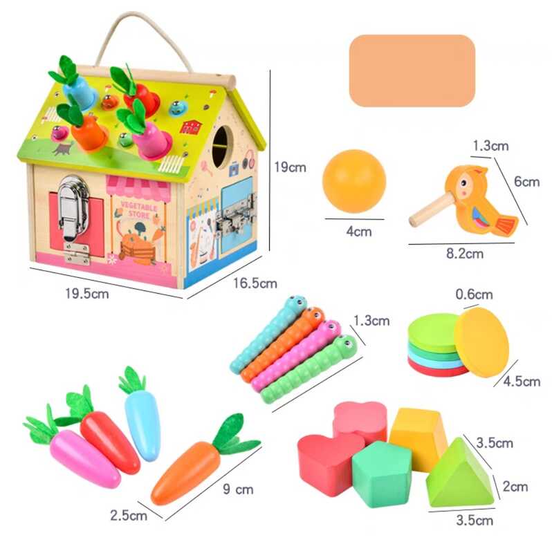 Будиночок логічний C 68839 (18) дерев'яний, сортер, годинник з рухомими стрілками, дверцята з металевими замками, морквини, черв'ячки, в коробці