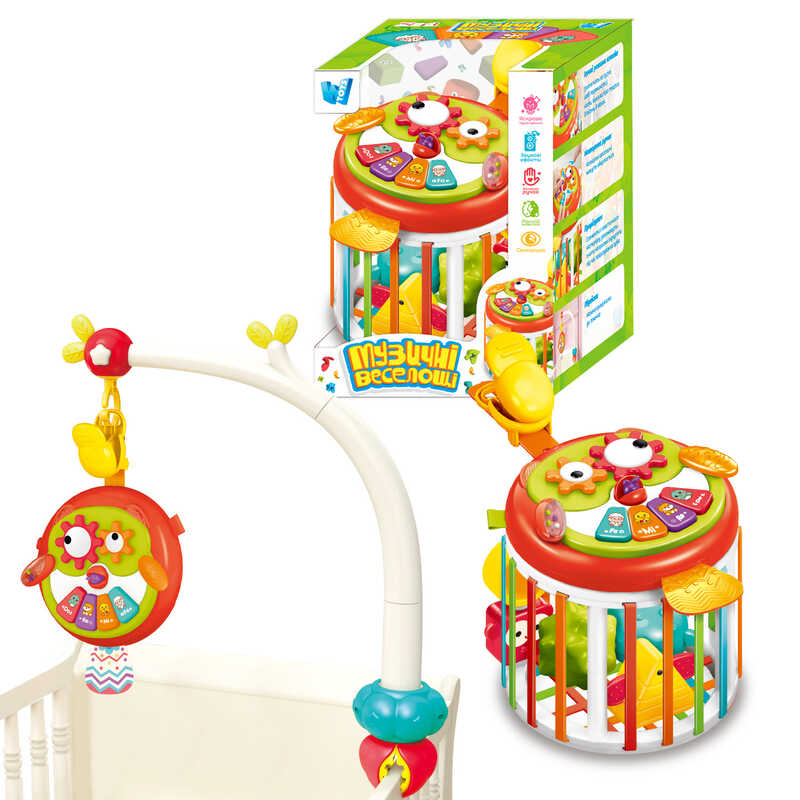 Гра "Музичні веселощі" 76575 (24/2) "WToys", ОЗВУЧУВАННЯ УКРАЇНСЬКОЮ МОВОЮ, пісні, казки, вірші, тваринки, підсвічування, режими гучності, тріскачка, брязкальце, шелесткі елементи, фігурки, прорізувач, підвіска, в коробці