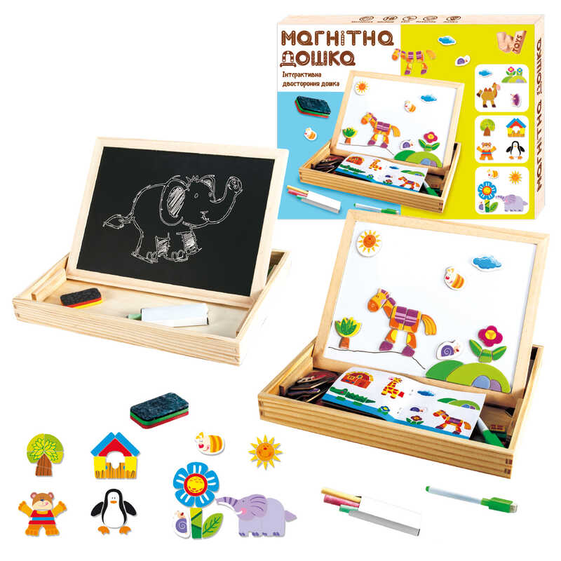 Дерев'яна магнітна дошка 97678 (36) "WToys", магніти, фломастер, губка для стирання, крейда, в коробці