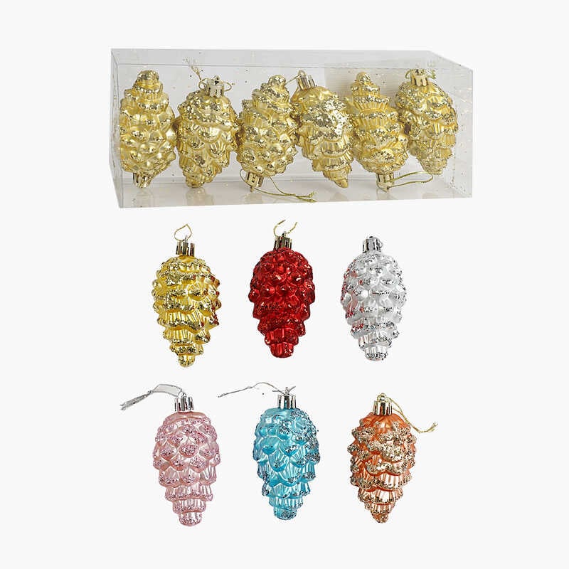 Новорічні прикраси C 67719 (96) 6 штук, шишки, висота 8 см, у слюді, ВИДАЄТЬСЯ ТІЛЬКИ МІКС ВИДІВ