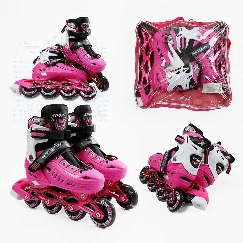 Ролики 601-87 L /розмір 39-43/ колір – Рожевий (6) колеса PU, ПЕРЕДНЄ КОЛЕСО СВІТЛО, d – 6.5 см, в сумці