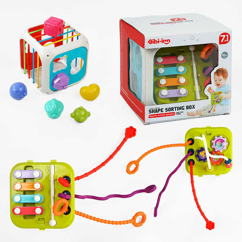 Логічний куб 688-74 (36) 7в1, 2 види, ксилофон, шнурочки, шестерні, пальчикова гра, сортер, в коробці