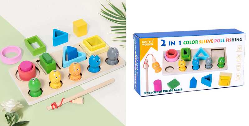 Логічна дерев’яна дошка C 68834 (80) 2 в 1, магнітна риболовля, сортування фігурок, ігрова платформа, рибки, вудка, геометричні фігури, в коробці