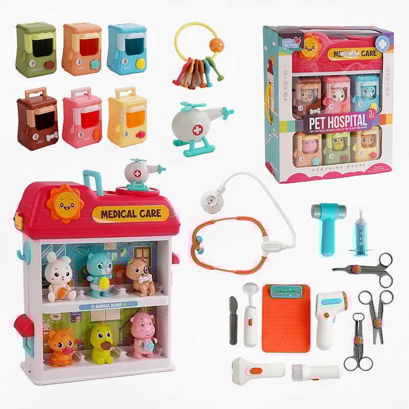 Ветеринарна клініка YY 6028 (6) 6 тваринок, 6 переносок, вертоліт, лікарські інструменти, наліпки, звук, підсвічування, в коробці