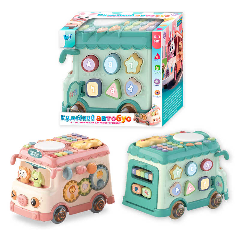 Розвивальний автобус 21696 (18) "WToys", ОЗВУЧУВАННЯ УКРАЇНСЬКОЮ МОВОЮ, підсвічування, пальчикові ігри, сортер за формами, пискавка, брязкальця, тріскачка, регулювання гучності, барабан, піаніно, мелодії, ноти, 4 казки, пісні, телефончик з двома режимами,