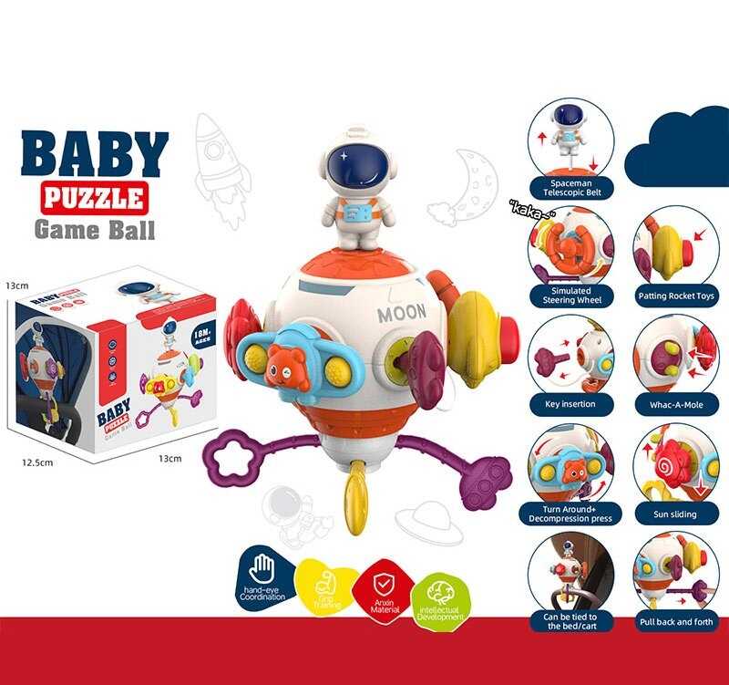 Бізіборд 666-1 (125) 8 забавок, тріскачка, гумові елементи для перетягування, пискавка, спінер, попіт, рухомі елементи, пальчикові ігри, в коробці