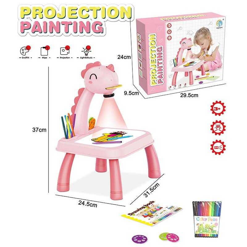 Столик з проєктором YM 2021-7 A (36/2) “Динозаврик” 3 диски, фломастери, серветка, на батарейках, музика, підсвітка, в коробці