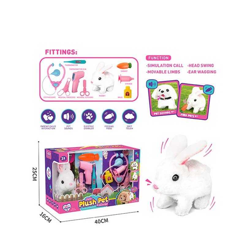 Улюбленець LK 008 A (18/2) “Кролик” на батарейках, звук, рух лапками, головою і хвостиком, стетоскоп, термометр, шприц, ножиці, морква, в коробці