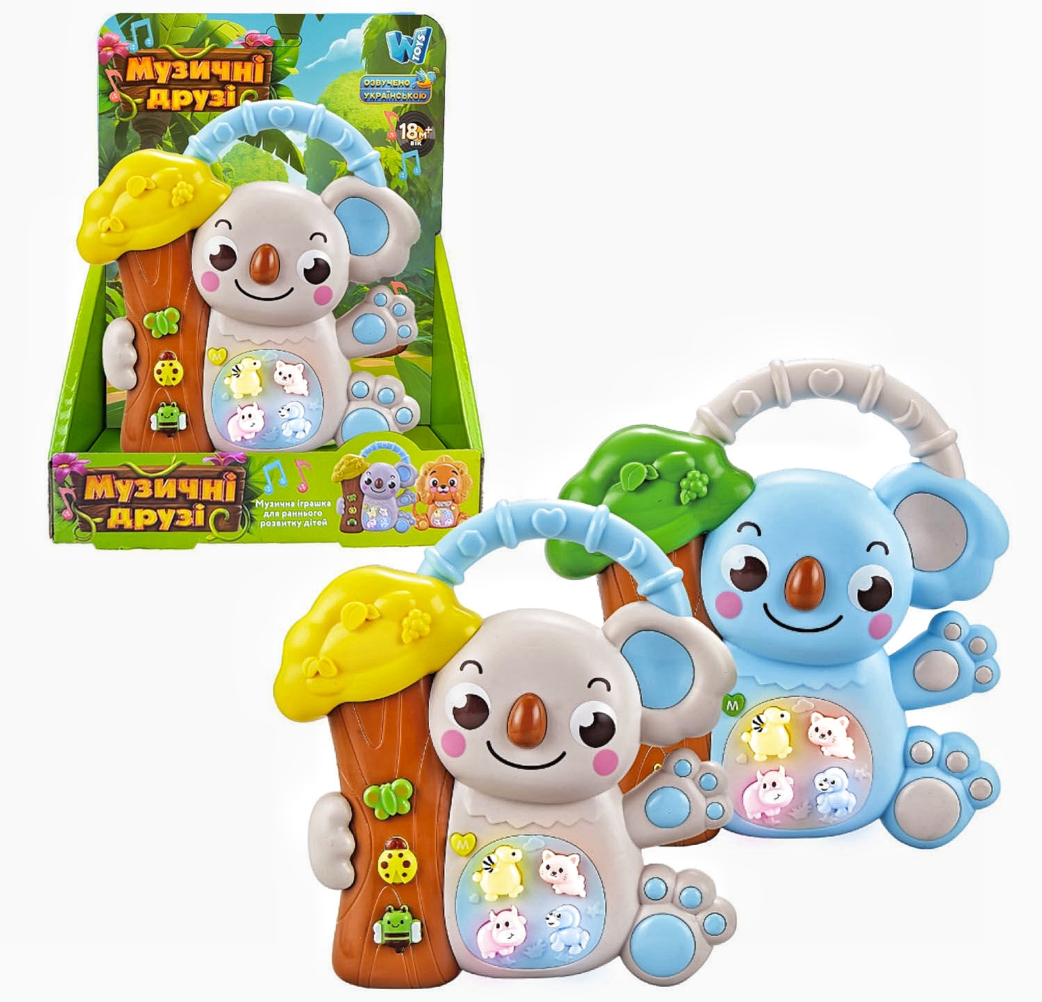 Музична іграшка 99186 "КОАЛА", 2 кольори, ОЗВУЧ. УКР. МОВОЮ, пісні, казки, віршики, підсвічування, цифри, звуки тварин, в коробці