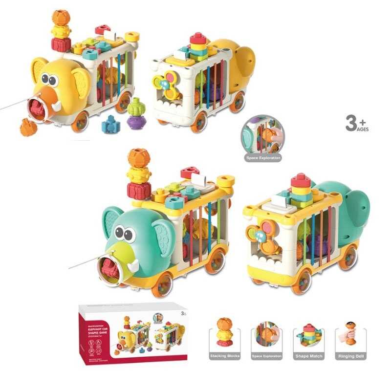 Каталка логічна YL 1303 (24) 2 види, “Слоник”, довжина 30 см, знімні колеса-брязкальця, спінер, гумові стрічки, пронумеровані елементи, в коробці