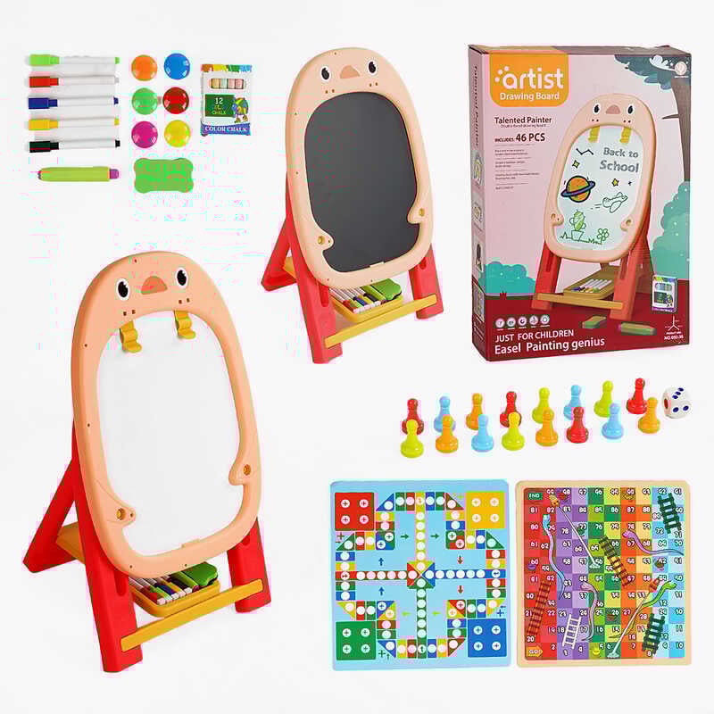 Мольберт 050-36 (18) двосторонній, крейда, маркери, трафарет, 2 настільні гри, в коробці