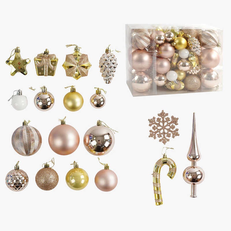 Новорічні прикраси C 67532 (16) 65 штук, кульки, зірочки, шишки, сніжинки, у слюді