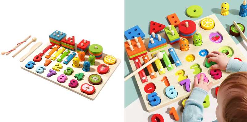 Логічна дерев’яна дошка C 75574 (20) ксилофон, продукти на липучках, магнітна риболовля, кілочки, сортер з цифрами